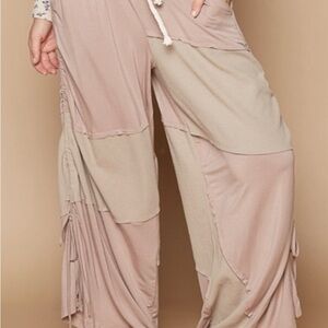 POL Two-Tone Patchwork Wide Leg Pants in Blush and Beige